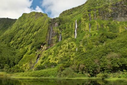 Lush green cliffs of Flores Island with multiple cascading waterfalls, reflecting the island's untouched natural beauty. The verdant landscape is a key highlight in Flores travel guide.