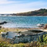 An abandoned boat sits amidst wildflowers on a grassy shore, overlooking the clear blue waters and rocky coastline of Sardinia, one of the Top 5 Italian Islands, under a bright blue sky. This scene captures the island's rugged charm and pristine natural beauty.