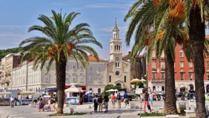 View of a public square in Split, Croatia, featuring tall palm trees, people walking and gathering, and a historical building with a clock tower in the background.