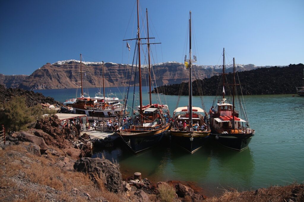 Passengers boarding for a trip to the Nea Kameni volcano