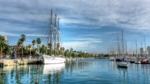 A serene view of the marina in Barcelona, Spain, with sailboats docked along the waterfront and palm trees lining the promenade.