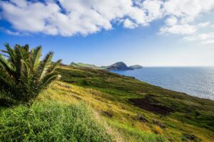 A scenic coastal view in Portugal featuring lush green hills and a rocky shoreline extending into the calm blue ocean under a bright sky with scattered clouds.